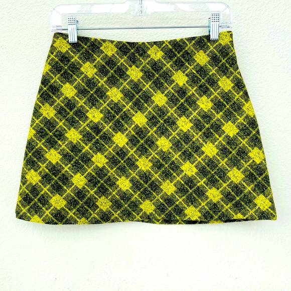 NWOT ZARA plaid mini skirt yellow-green check wool | schoolgirl style Size Small - Picture 3 of 9